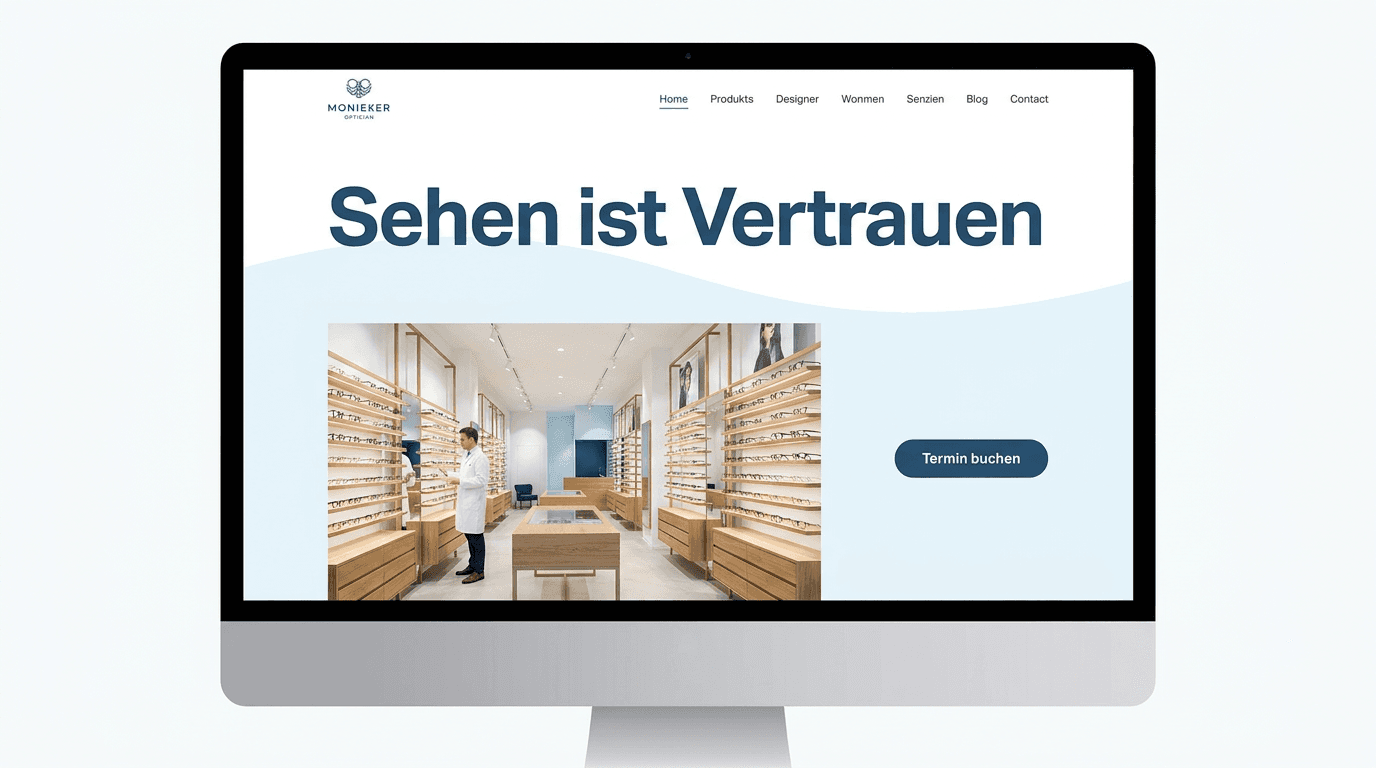 Online-Terminbuchung auf einer Website für Augenoptiker Beispiel einer Optiker-Website am Desktop